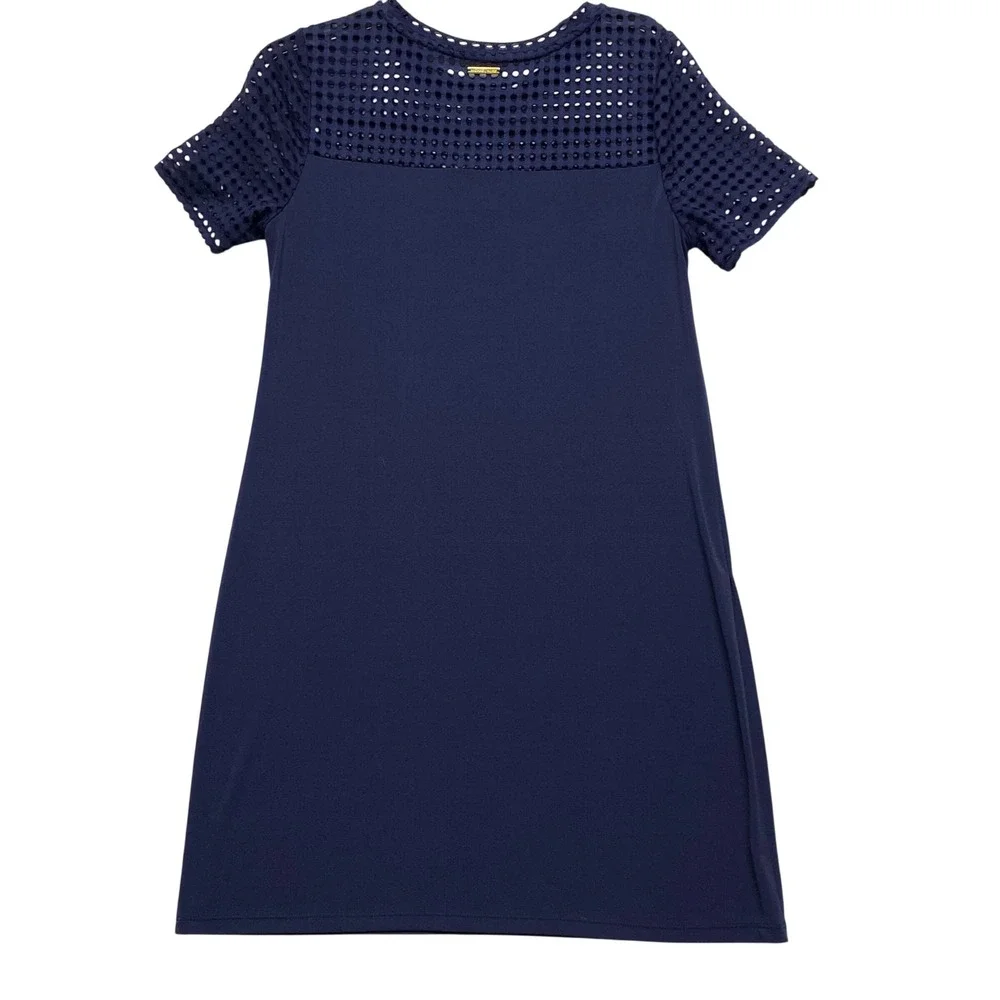 Michael‎ Kors Navy Blue Eyelet Laser Cut Shift Dress Short Sleeve Crew Neck M
